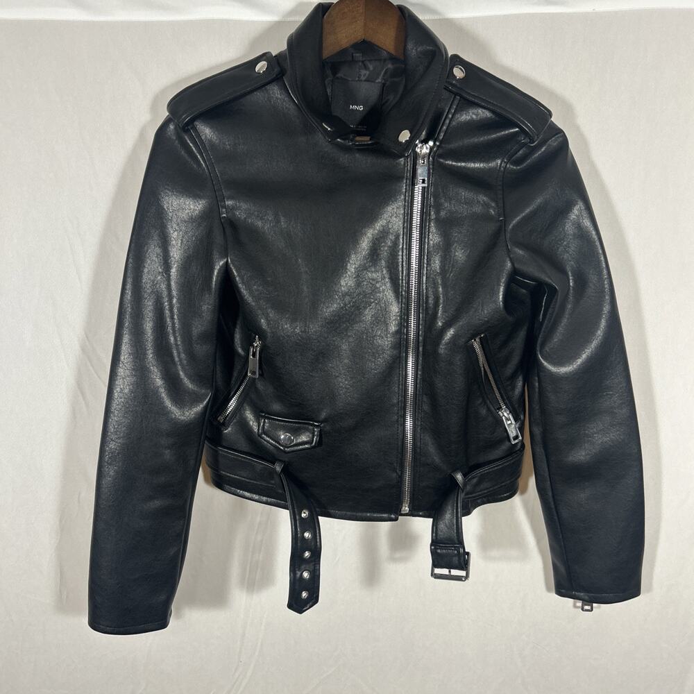 MNG Mango Black Genuine Leather Moto Biker Jacket Womens Small Cropped Zip